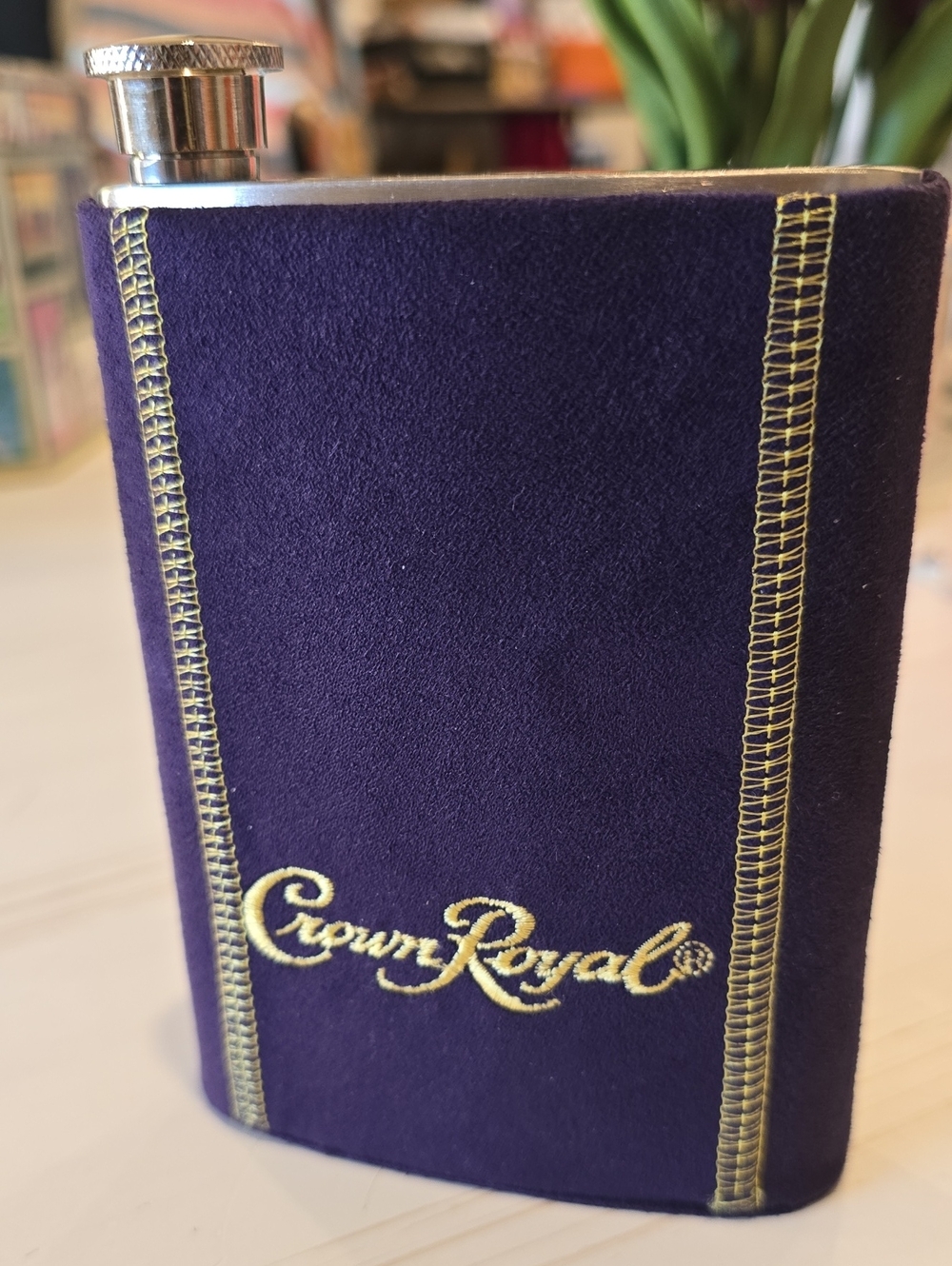 Crown Royal Velvet Flask Cover in Purple with Gold Stitching